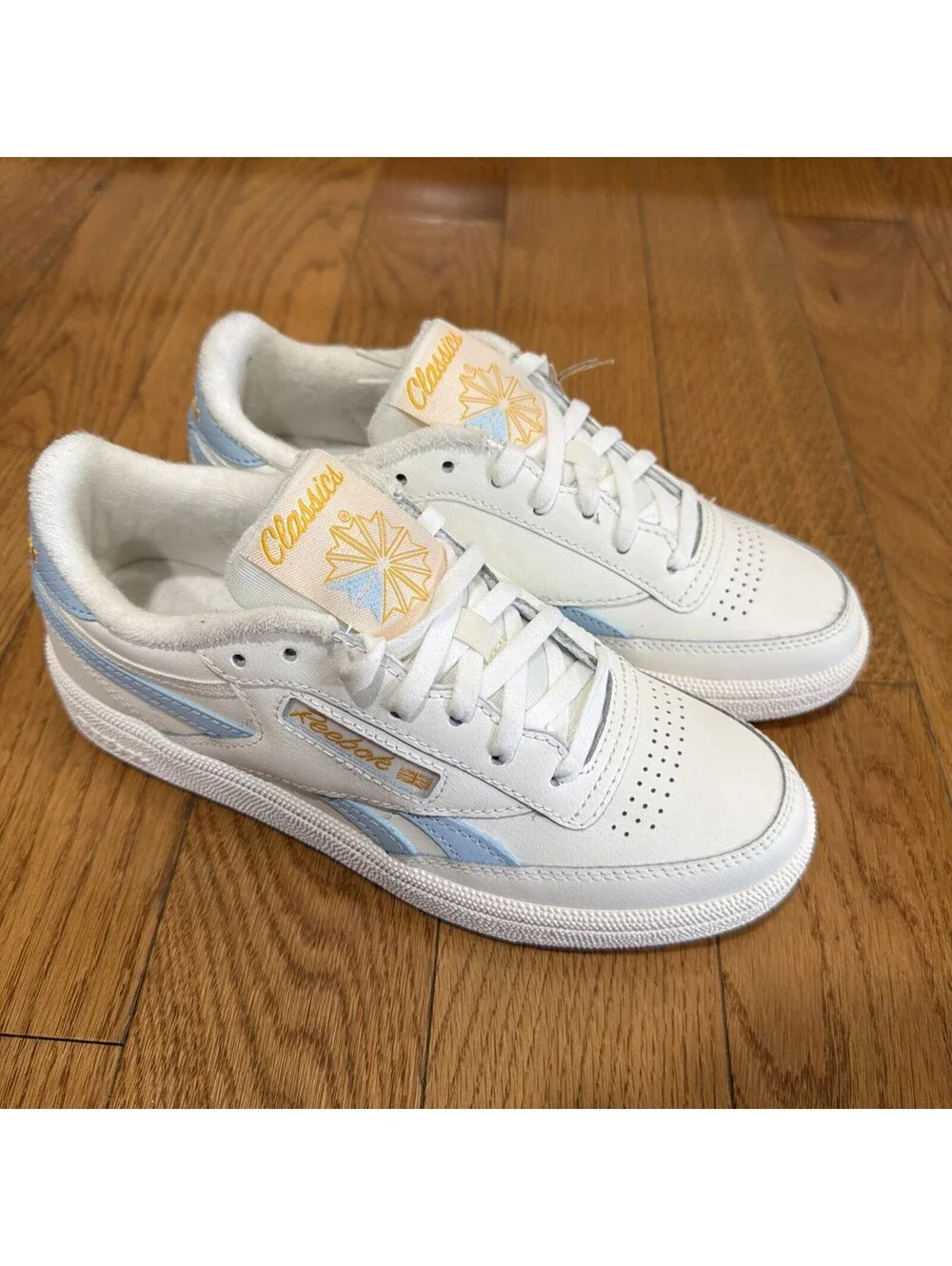 Size 6 US women’s Reebok Club C Revenge Sneakers White Light Blue Gold Leather